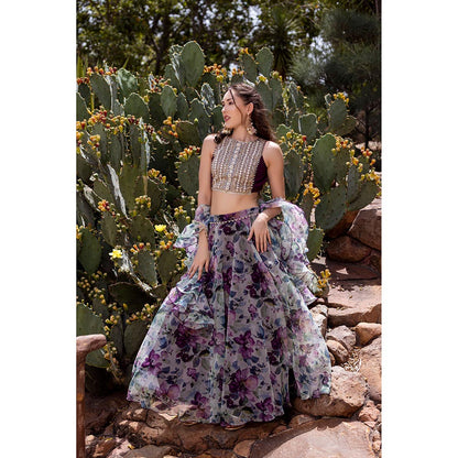 MABISH LUXE Burgundy Bold Iris Blouse with Lehenga and Dupatta (Set of 3)