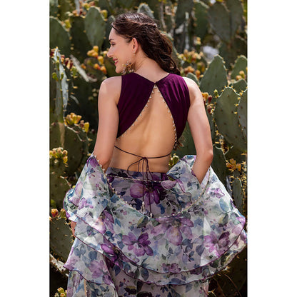 MABISH LUXE Burgundy Bold Iris Blouse with Lehenga and Dupatta (Set of 3)