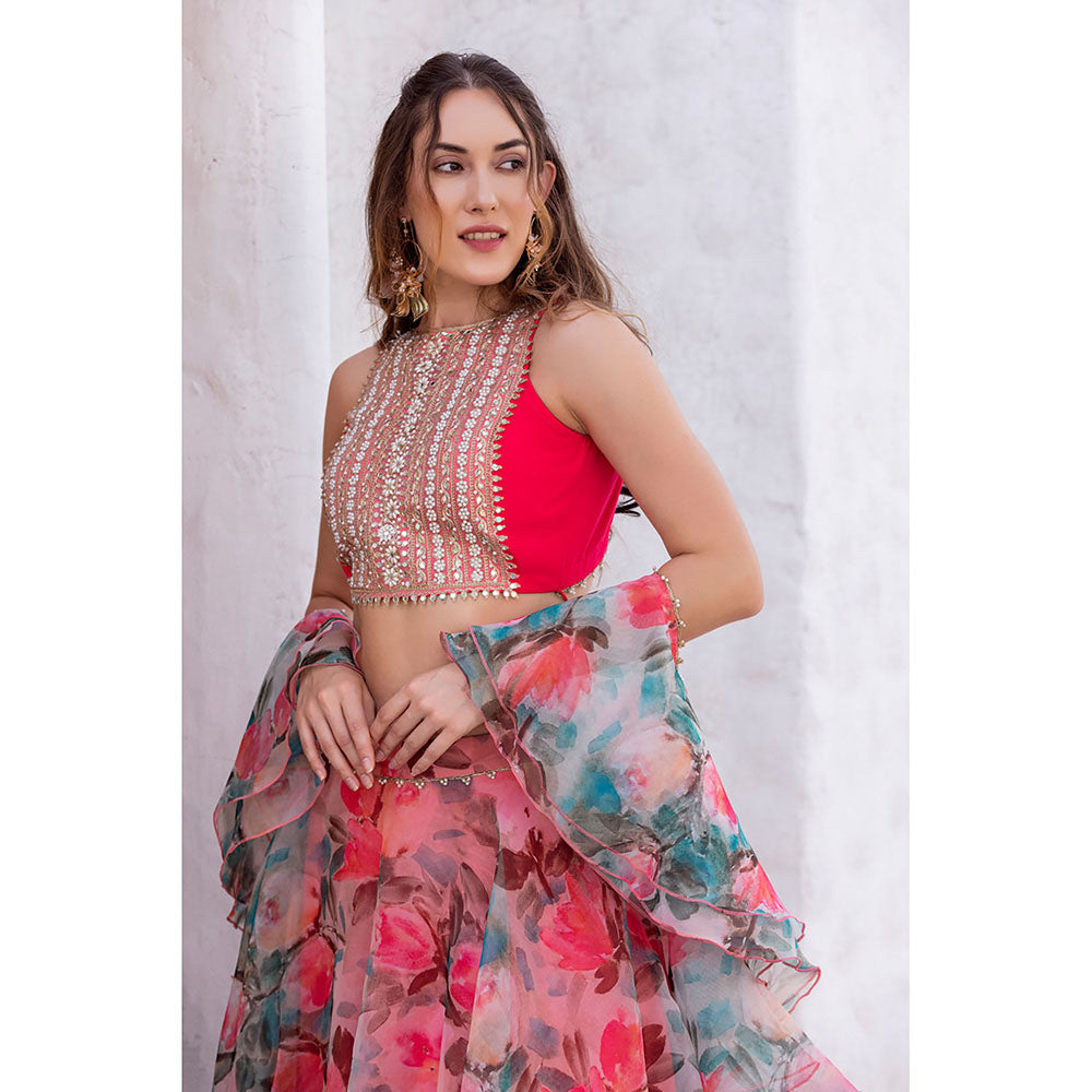 MABISH LUXE Peach Wild Tulip Blouse with Lehenga and Dupatta (Set of 3)