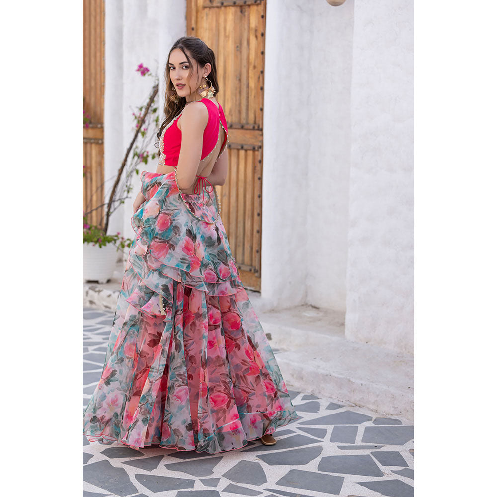 MABISH LUXE Peach Wild Tulip Blouse with Lehenga and Dupatta (Set of 3)