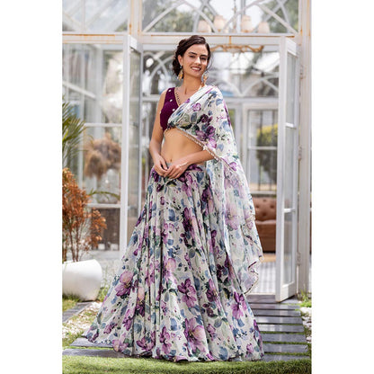 MABISH LUXE Burgundy Fresh Petunia Drape Dupatta Attached with Blouse and Lehenga (Set of 2)