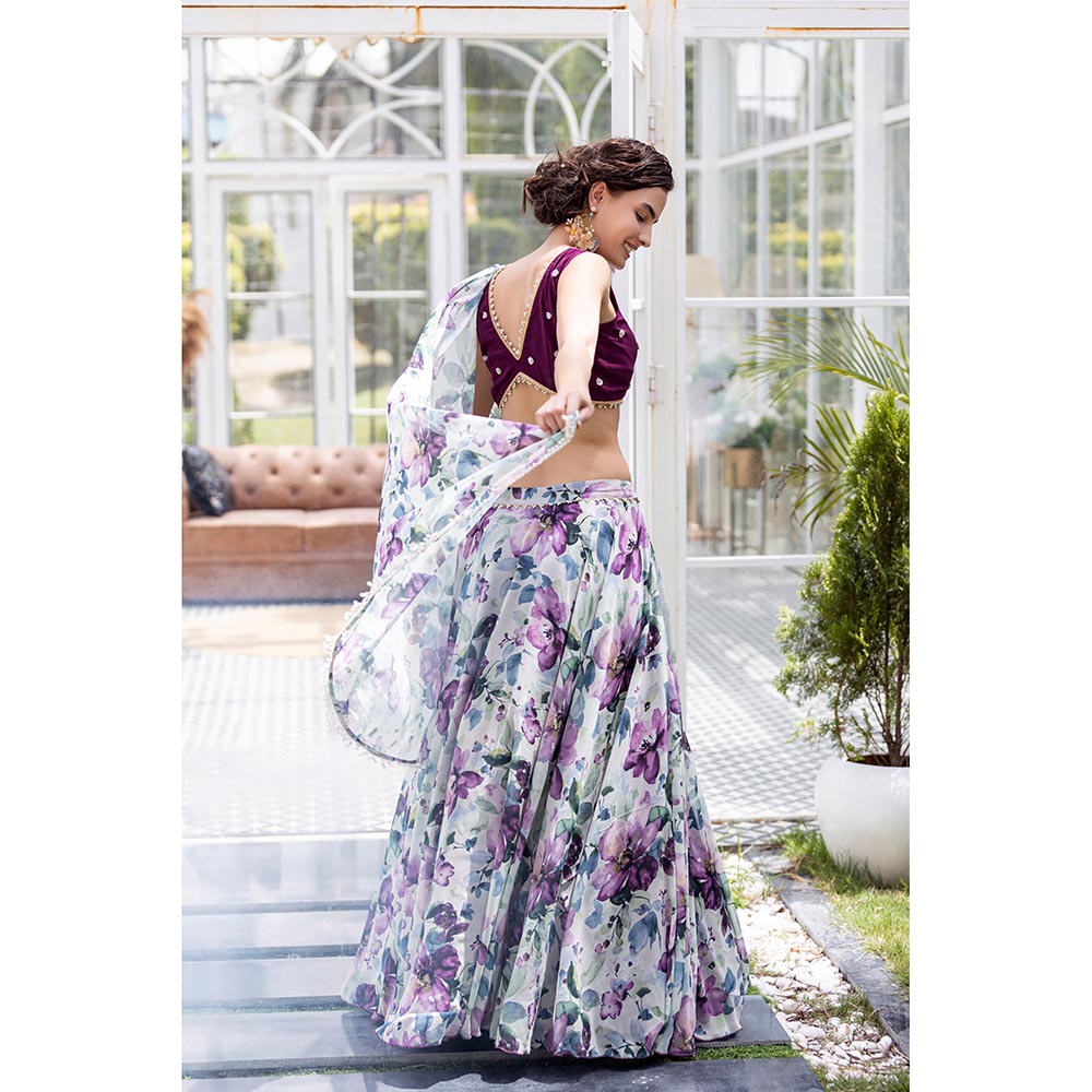 MABISH LUXE Burgundy Fresh Petunia Drape Dupatta Attached with Blouse and Lehenga (Set of 2)