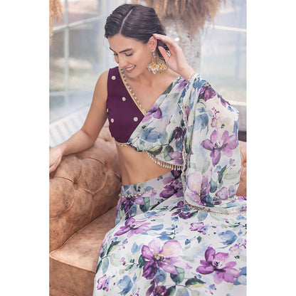 MABISH LUXE Burgundy Fresh Petunia Drape Dupatta Attached with Blouse and Lehenga (Set of 2)