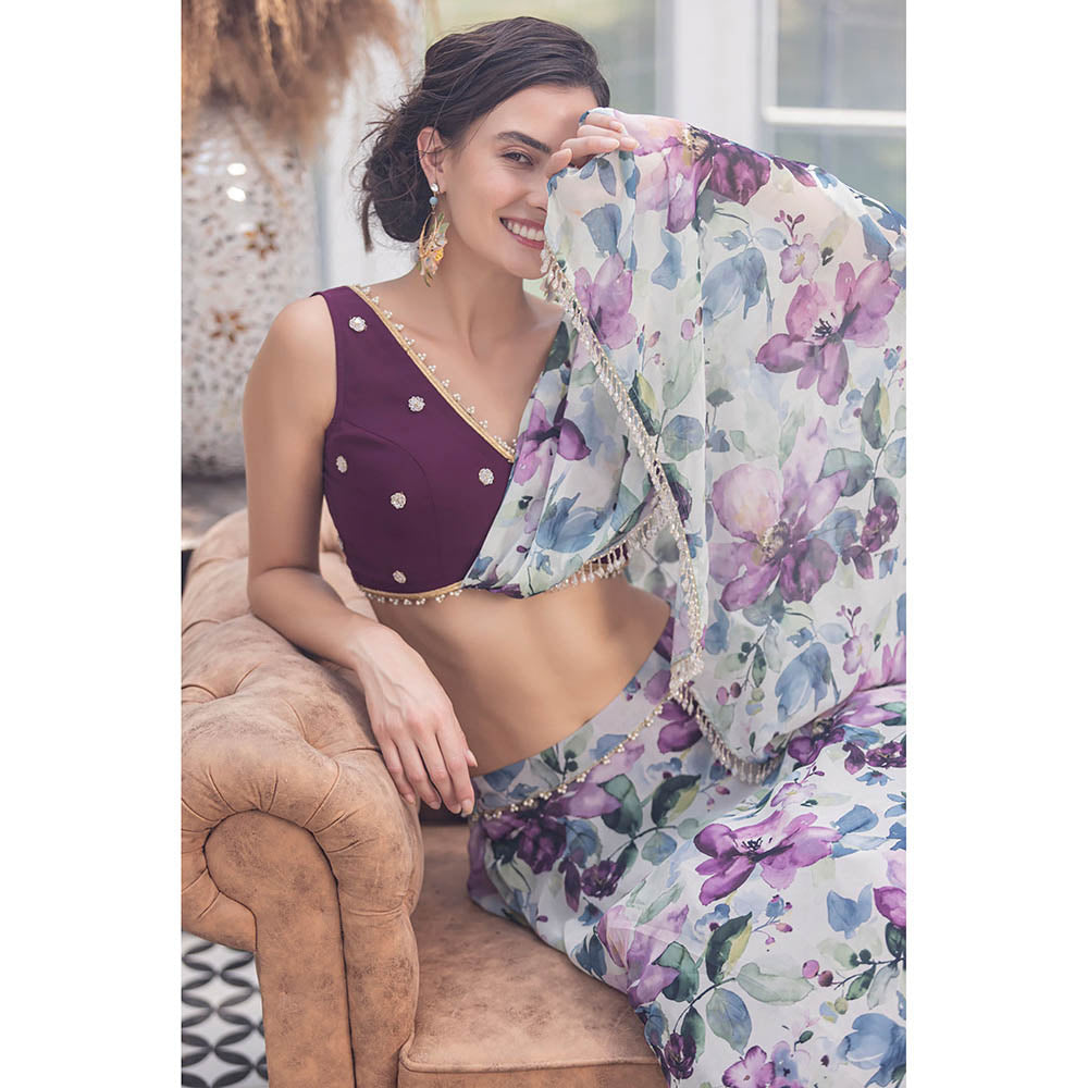 MABISH LUXE Burgundy Fresh Petunia Drape Dupatta Attached with Blouse and Lehenga (Set of 2)