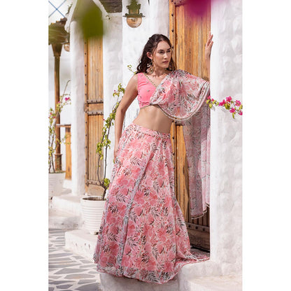 MABISH LUXE Pink Delicate Dahlia Drape Dupatta Attached with Blouse and Lehenga (Set of 2)
