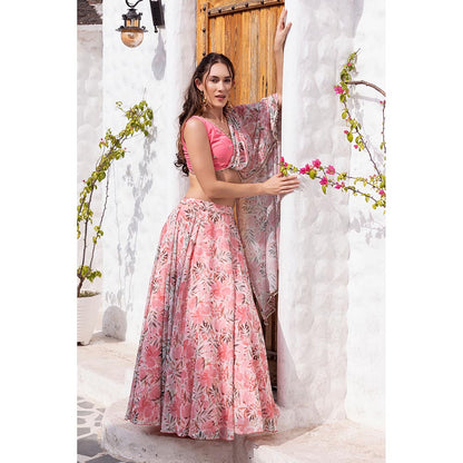 MABISH LUXE Pink Delicate Dahlia Drape Dupatta Attached with Blouse and Lehenga (Set of 2)
