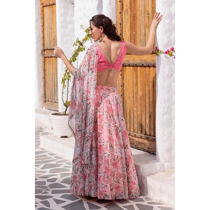 MABISH LUXE Pink Delicate Dahlia Drape Dupatta Attached with Blouse and Lehenga (Set of 2)