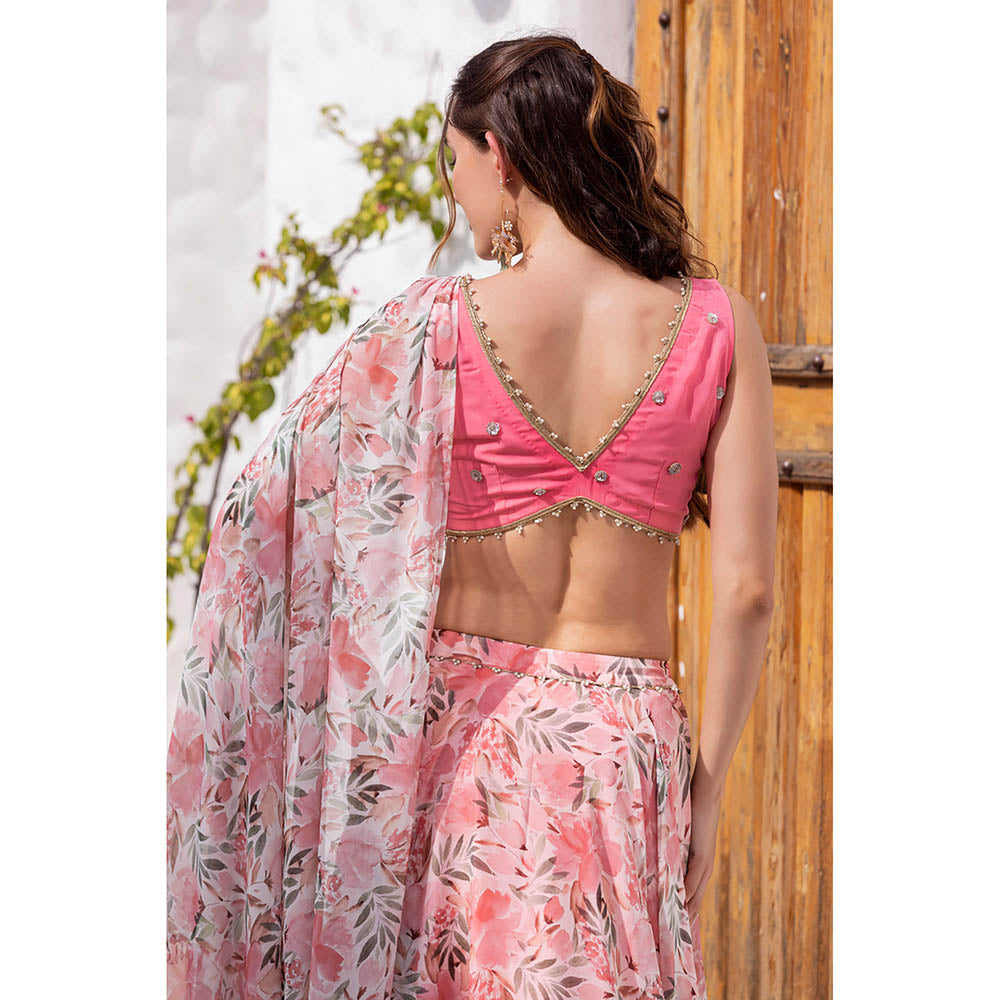 MABISH LUXE Pink Delicate Dahlia Drape Dupatta Attached with Blouse and Lehenga (Set of 2)