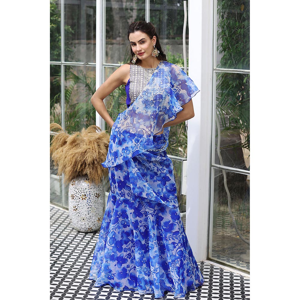 MABISH LUXE Blue Exotic Hydrangea Drape Saree with Stitched Blouse