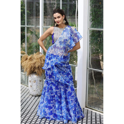 MABISH LUXE Blue Exotic Hydrangea Drape Saree with Stitched Blouse