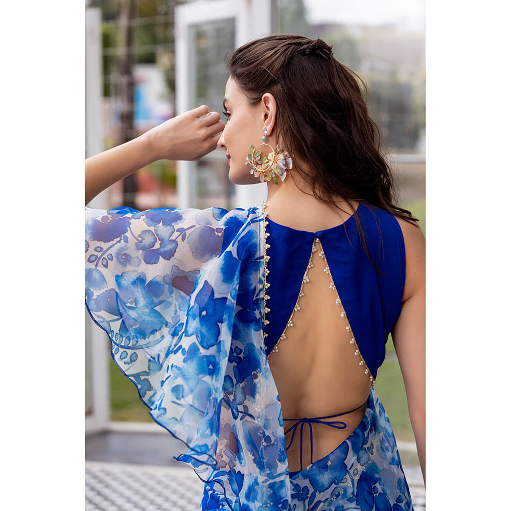 MABISH LUXE Blue Exotic Hydrangea Drape Saree with Stitched Blouse