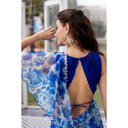 MABISH LUXE Blue Exotic Hydrangea Drape Saree with Stitched Blouse