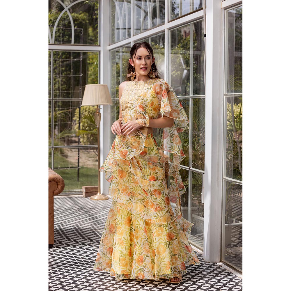 MABISH LUXE Yellow Dreamy Daffodil Drape Saree with Stitched Blouse