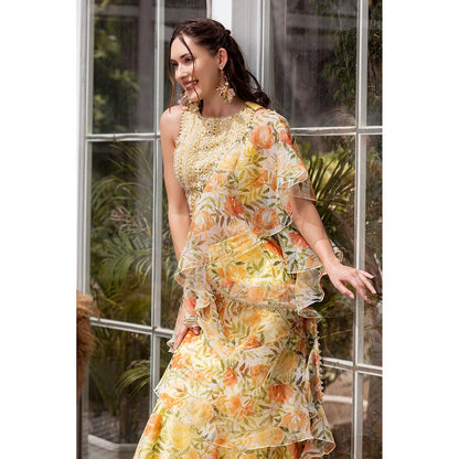 MABISH LUXE Yellow Dreamy Daffodil Drape Saree with Stitched Blouse