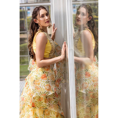 MABISH LUXE Yellow Dreamy Daffodil Drape Saree with Stitched Blouse