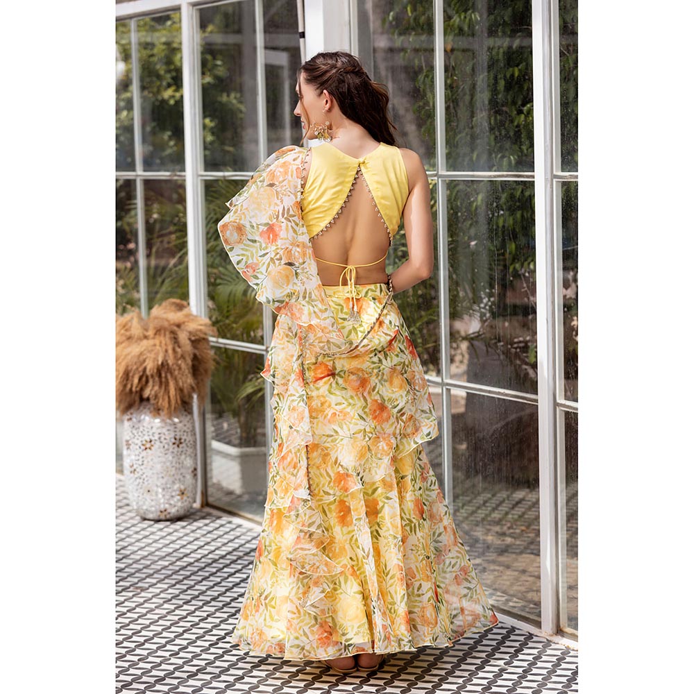 MABISH LUXE Yellow Dreamy Daffodil Drape Saree with Stitched Blouse