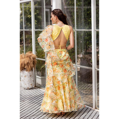 MABISH LUXE Yellow Dreamy Daffodil Drape Saree with Stitched Blouse