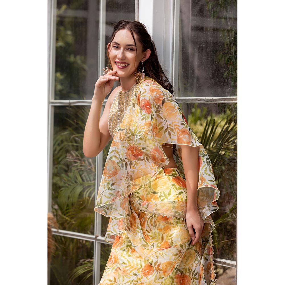 MABISH LUXE Yellow Dreamy Daffodil Drape Saree with Stitched Blouse