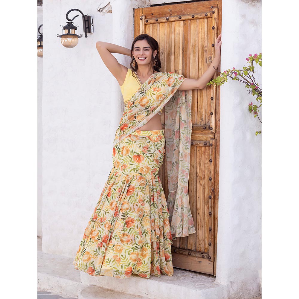 MABISH LUXE Yellow Joyful Marigold Drape Saree with Stitched Blouse