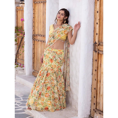 MABISH LUXE Yellow Joyful Marigold Drape Saree with Stitched Blouse