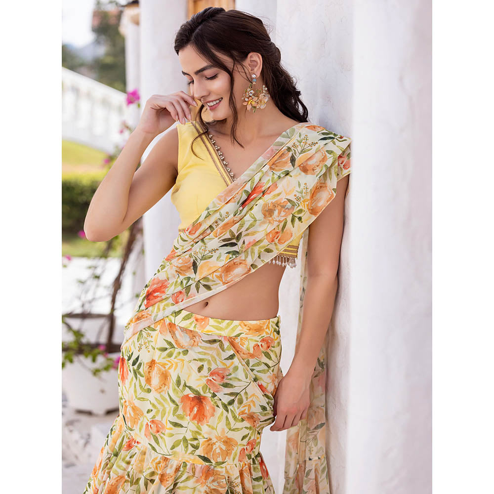 MABISH LUXE Yellow Joyful Marigold Drape Saree with Stitched Blouse