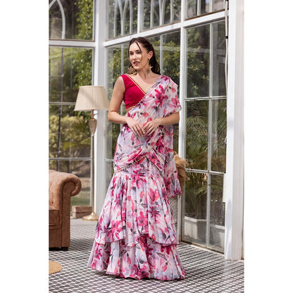 MABISH LUXE Red Cheery Poinsettia Drape Saree with Stitched Blouse