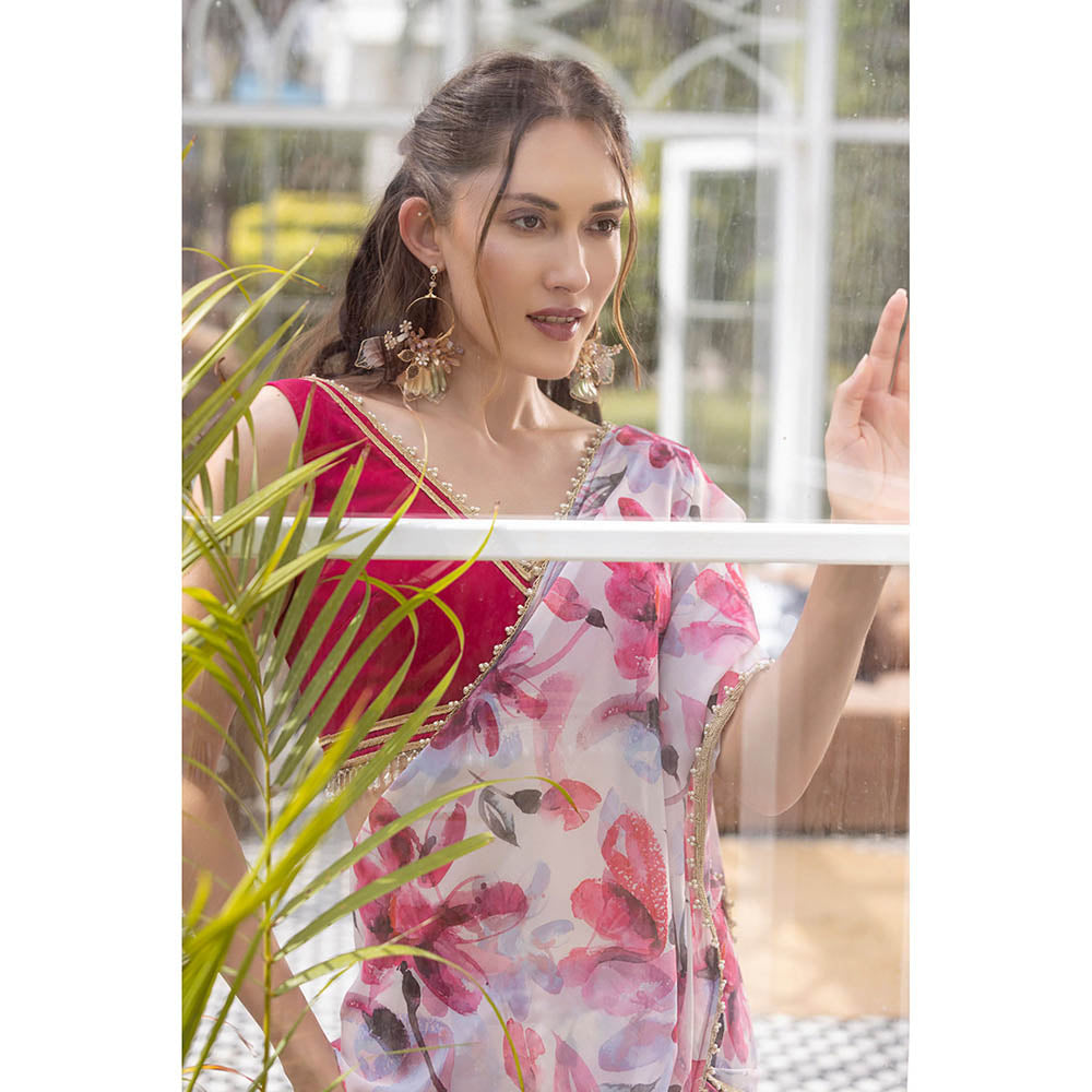 MABISH LUXE Red Cheery Poinsettia Drape Saree with Stitched Blouse