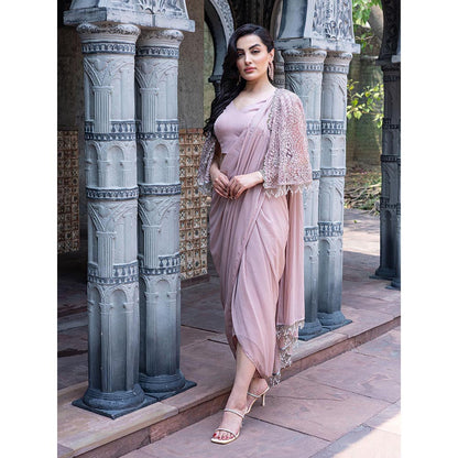 MABISH LUXE Womens Pre-Draped Saree with Stitched Blouse and Cape- Pink