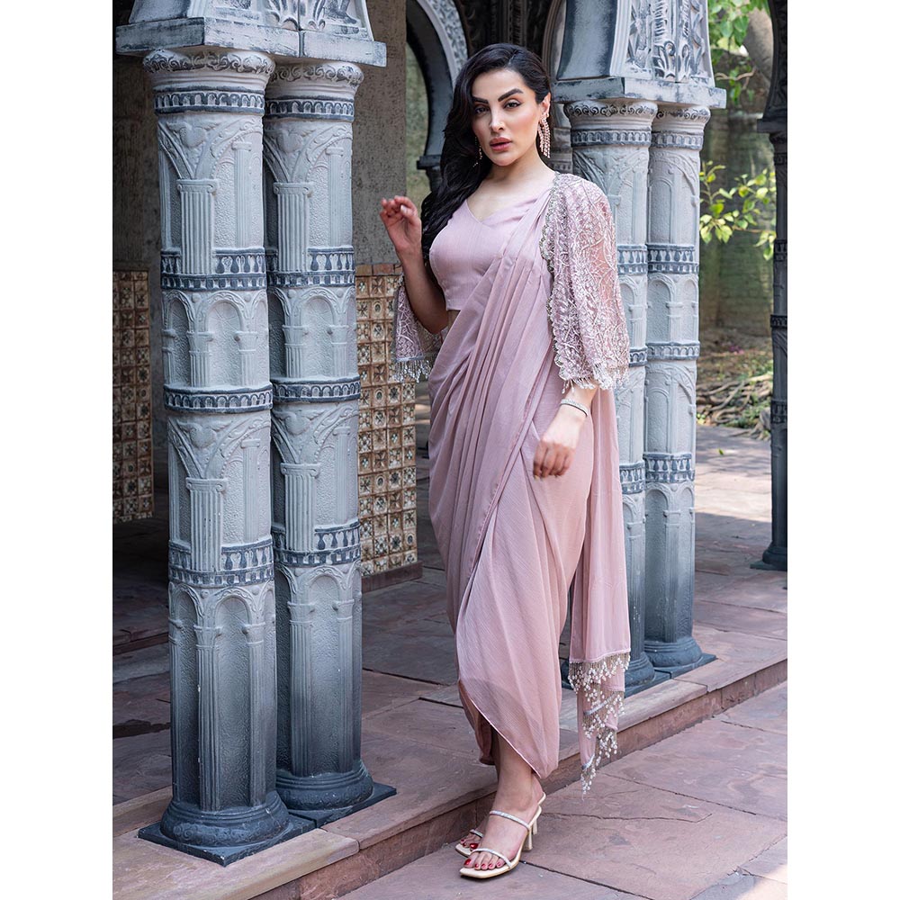 MABISH LUXE Womens Pre-Draped Saree with Stitched Blouse and Cape- Pink