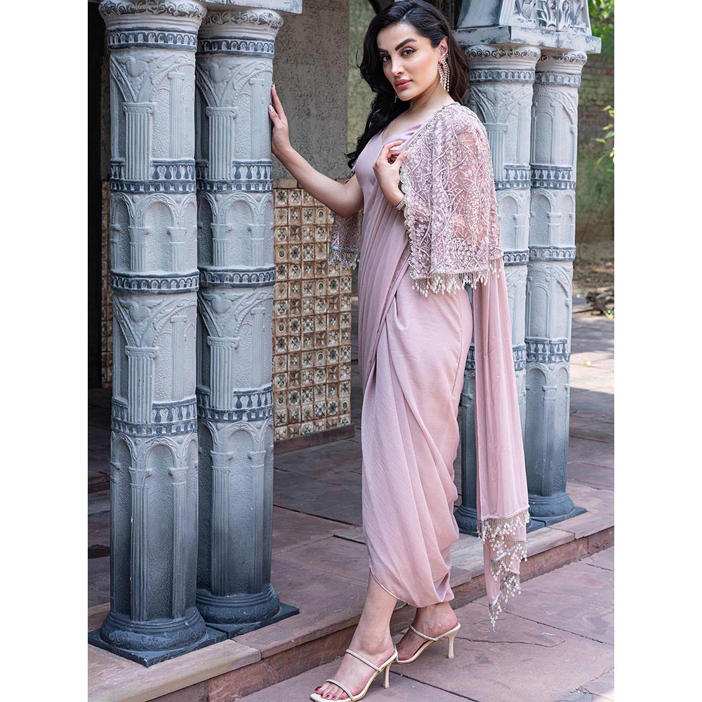 MABISH LUXE Womens Pre-Draped Saree with Stitched Blouse and Cape- Pink