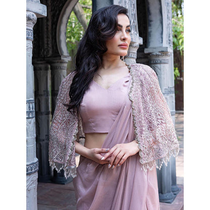 MABISH LUXE Womens Pre-Draped Saree with Stitched Blouse and Cape- Pink