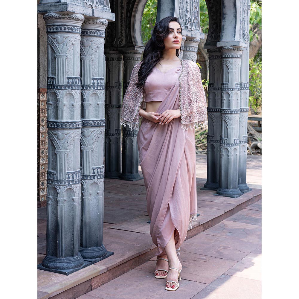 MABISH LUXE Womens Pre-Draped Saree with Stitched Blouse and Cape- Pink