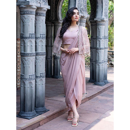 MABISH LUXE Womens Pre-Draped Saree with Stitched Blouse and Cape- Pink