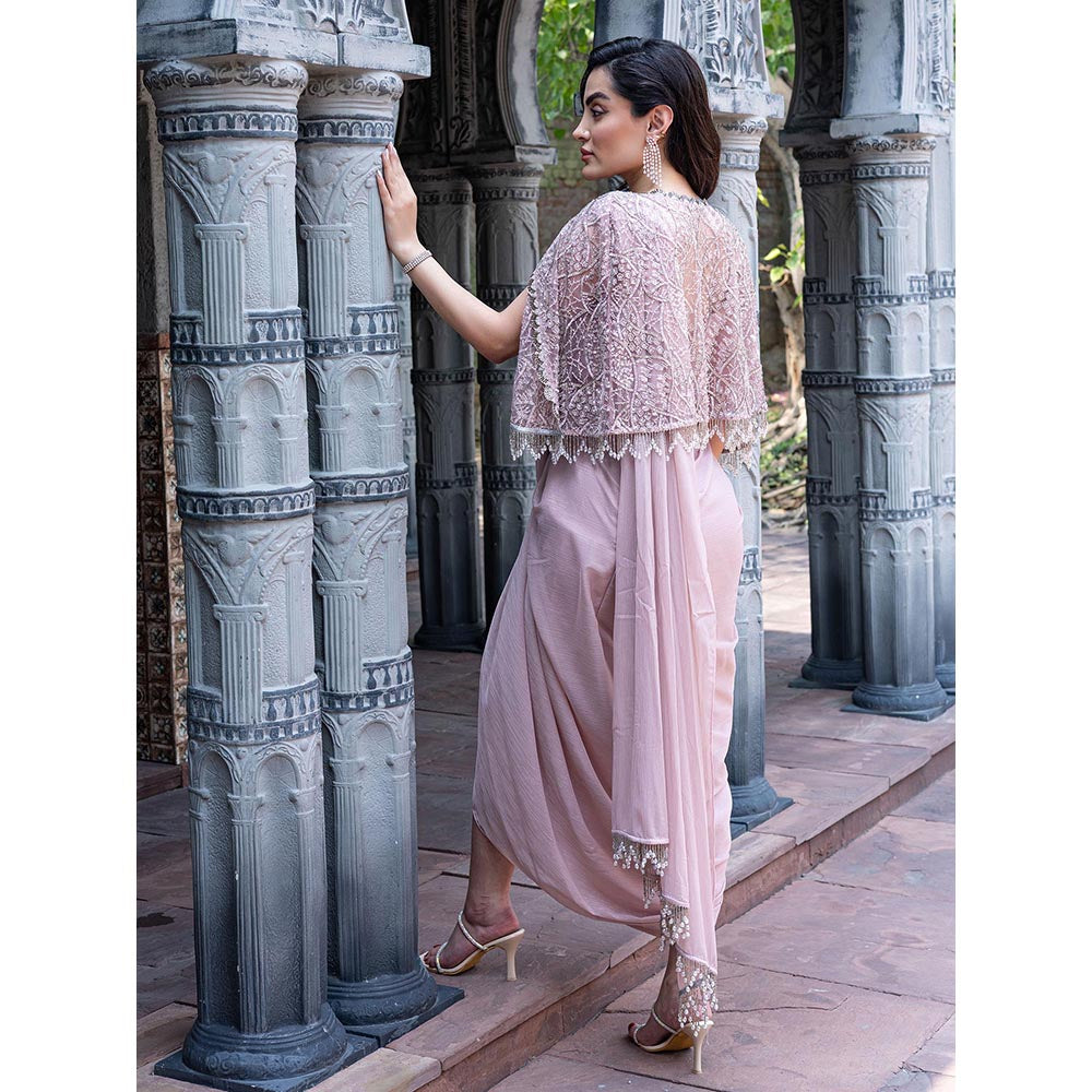 MABISH LUXE Womens Pre-Draped Saree with Stitched Blouse and Cape- Pink