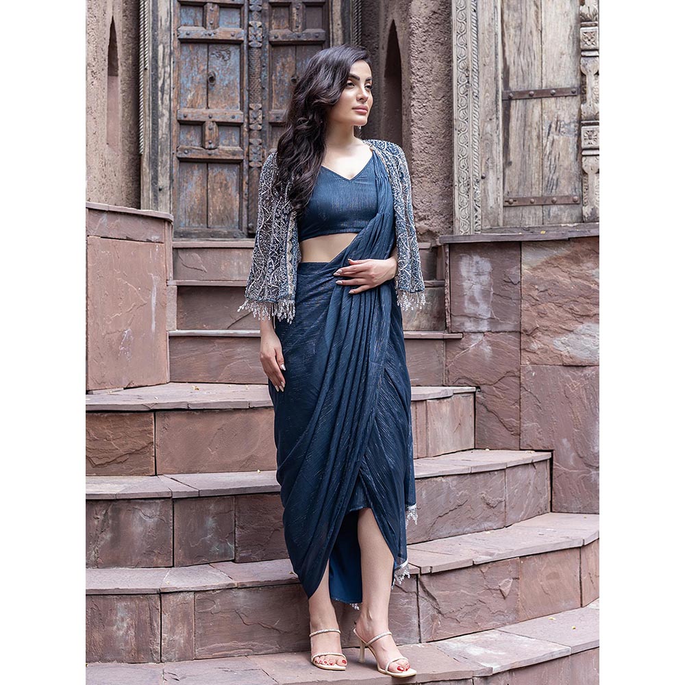 MABISH LUXE Womens Pre-Draped Saree with Stitched BLouse and Cape- Teal