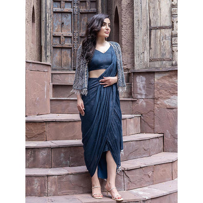 MABISH LUXE Womens Pre-Draped Saree with Stitched BLouse and Cape- Teal