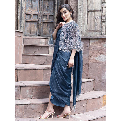 MABISH LUXE Womens Pre-Draped Saree with Stitched BLouse and Cape- Teal