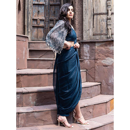 MABISH LUXE Womens Pre-Draped Saree with Stitched BLouse and Cape- Teal