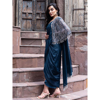 MABISH LUXE Womens Pre-Draped Saree with Stitched BLouse and Cape- Teal