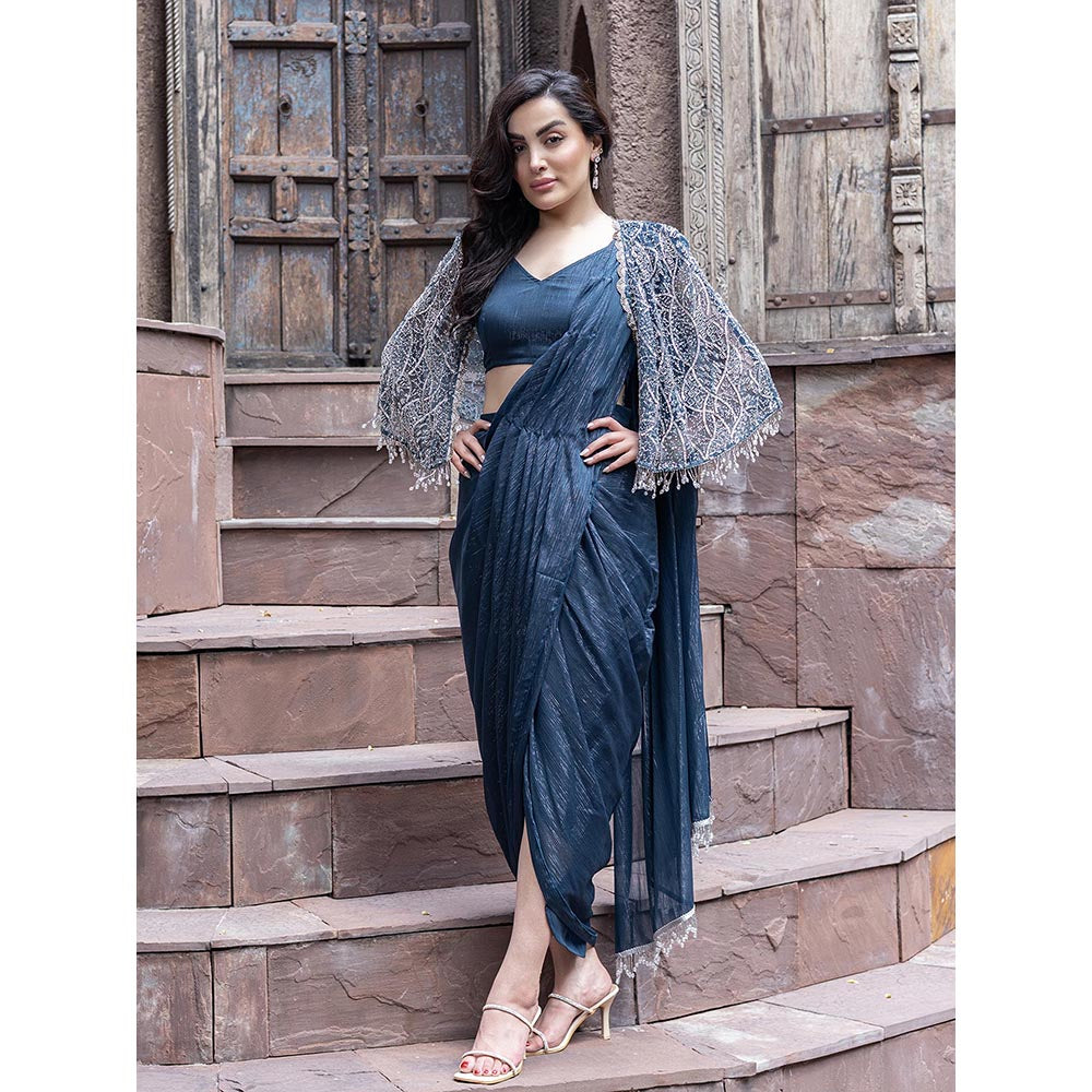 MABISH LUXE Womens Pre-Draped Saree with Stitched BLouse and Cape- Teal