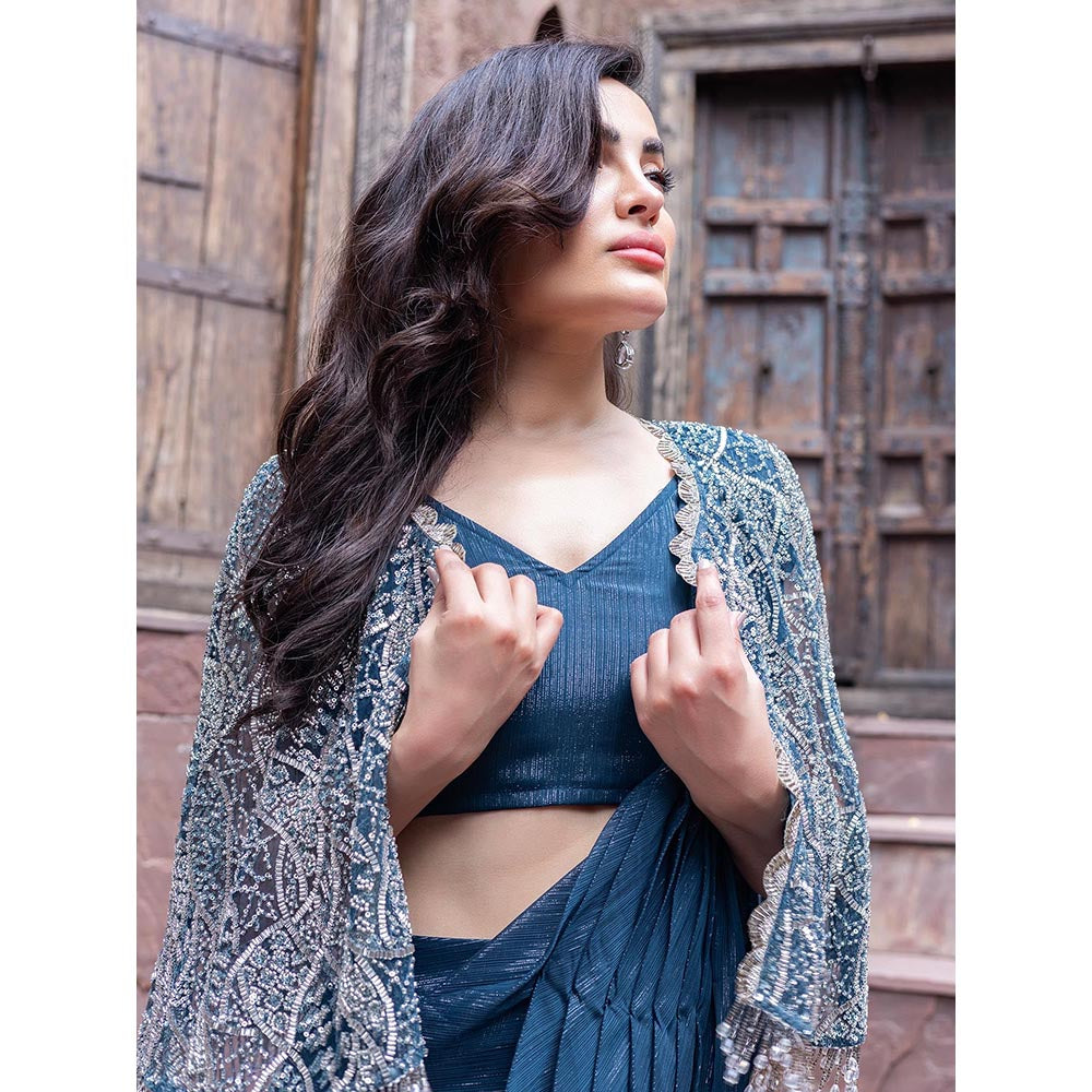 MABISH LUXE Womens Pre-Draped Saree with Stitched BLouse and Cape- Teal