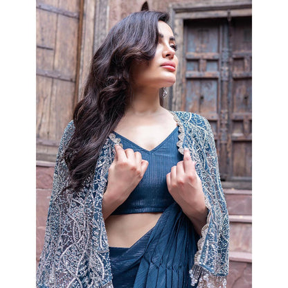 MABISH LUXE Womens Pre-Draped Saree with Stitched BLouse and Cape- Teal