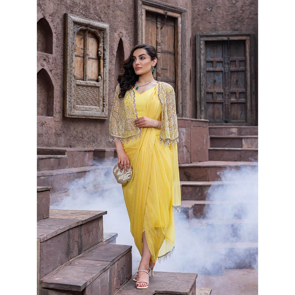 MABISH LUXE Womens Pre-Draped Saree with Stitched BLouse and Cape- Yellow