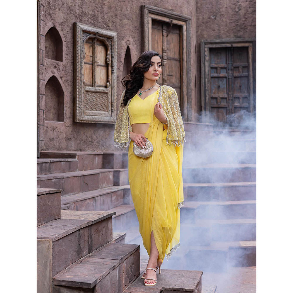 MABISH LUXE Womens Pre-Draped Saree with Stitched BLouse and Cape- Yellow