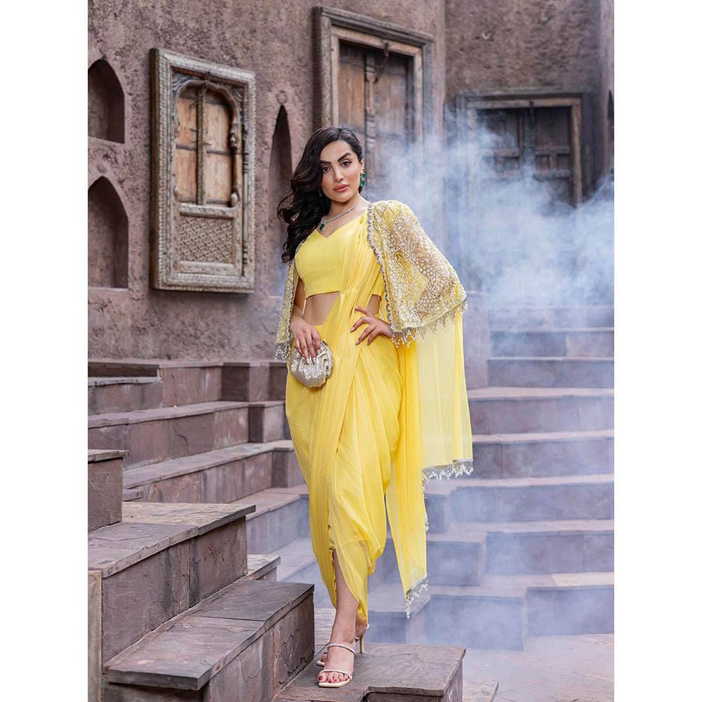 MABISH LUXE Womens Pre-Draped Saree with Stitched BLouse and Cape- Yellow