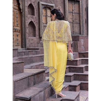 MABISH LUXE Womens Pre-Draped Saree with Stitched BLouse and Cape- Yellow