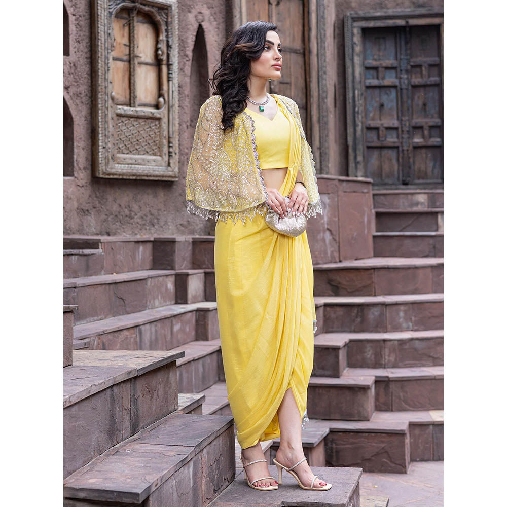 MABISH LUXE Womens Pre-Draped Saree with Stitched BLouse and Cape- Yellow