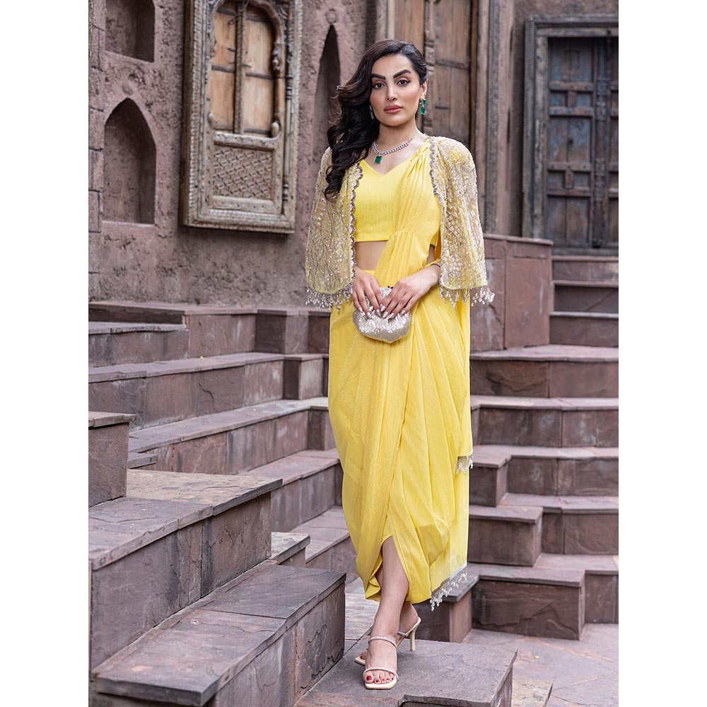 MABISH LUXE Womens Pre-Draped Saree with Stitched BLouse and Cape- Yellow