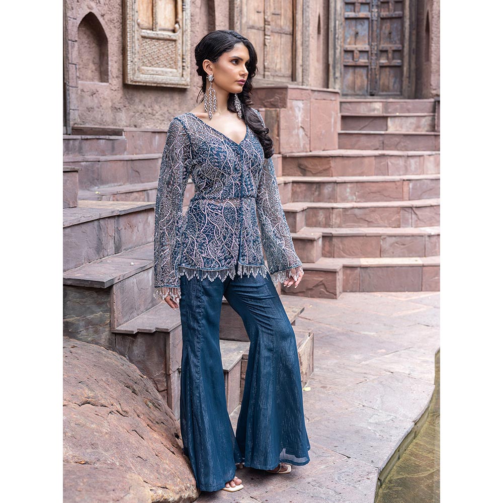 MABISH LUXE Womens Polyester Embroidered Blue Co-Ord Set