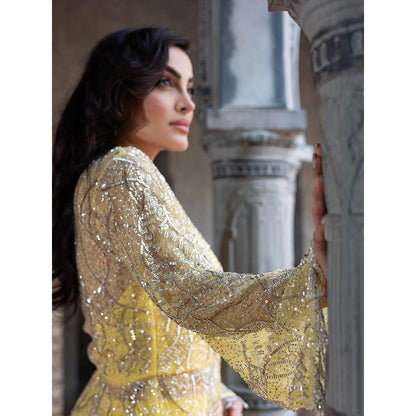 MABISH LUXE Womens Polyester Embroidered Yellow Co-Ord Set